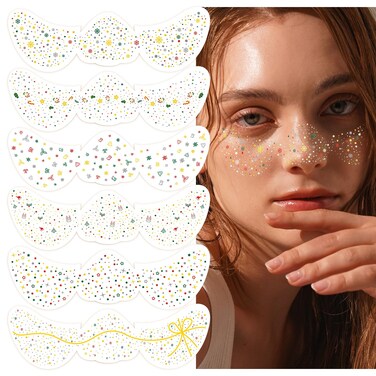 6 Style Set Christmas Glitter Freckles Face Tattoo Gold Face Glitter Freckles Glow Up Makeup Patches, Sparkle Freckle Snowflake Speckles Patches Glitter Makeup Accessories for Women
