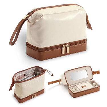 2-In-1 Jewelry Box and Makeup Bag with Mirror - Versatile Travel Jewelry Holder Organizer Cosmetic Bag, Portable Toiletry Bag with Integrated Jewelry Makeup Case for Women Men (White &amp; Brown)