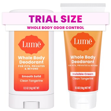 Lume Whole Body Deodorant - Invisible Cream + Solid Stick Mini Bundle - 72 Hour Odor Control - Aluminum &amp; Baking Soda Free, Skin Loving - 0.5 Ounce Each - Travel, Trial Size Minis (Clean Tangerine)