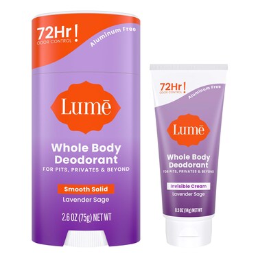 Lume Whole Body Deodorant - Invisible Cream Mini + Solid Stick Bundle - 72 Hour Odor Control - Aluminum &amp; Baking Soda Free, Skin Loving (Lavender Sage)