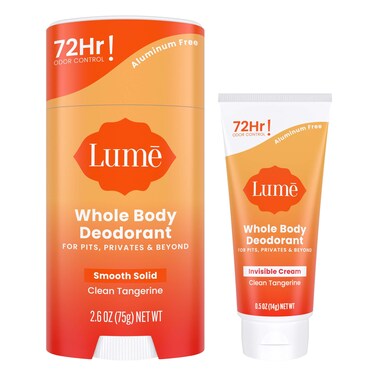 Lume Whole Body Deodorant - Invisible Cream Tube Mini + Solid Stick Bundle - 72 Hour Odor Control - Aluminum &amp; Baking Soda Free, Skin Loving (Clean Tangerine)