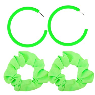 4 Pack Neon Scrunchies for Hair Halloween 80s Neon Hair Accessories,Neon Earrings &amp; Elastic Hair Scrunchy Set, Neon Accessories for Women Girl Party Outfit, Circle Style (Rose Red)