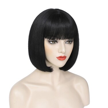Black Bob Wig with Bangs Short Black Wigs for Women 12 Inch Shoulder Length Straight Synthetic Hair Wigs Natural Looking for Daily Use (Black)
