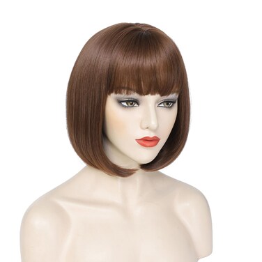 Brown Bob Wig with Bangs Short Brown Wigs for Women Straight Synthetic Hair Wigs 12 Inch Shoulder Length Natural Looking for Daily Use