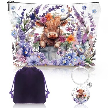 Highland Cow Gifts for Women - Spring Highland Cow Floral Makeup Bag and Cute Cattle Keychain, Western Gifts for Animal Lovers, Christmas Birthday Present for Friends Sister Mom