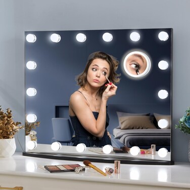 LUXFURNI Vanity Mirror with Makeup Lights, Large Hollywood Light up Mirrors w/ 18 LED Bulbs for Bedroom Tabletop &amp; Wall Mounted (26Lx21W, Black)
