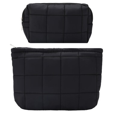 LYDZTION 2Pcs Puffy Makeup Bag Cosmetic Bag for Women,Quilted Makeup Bag Pencil Pouch Checkered Makeup Bag Makeup Pouch Organizing Bag Travel Makeup Bag,Black