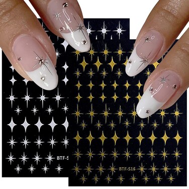 Star Nail Stickers 8 Sheets Nail Art Stickers 3D Self-Adhesive Nail Decals Gold Silver Black White Star Design Nail Art Supplies Acrylic Nail Accessories for Women Girls DIY Manicure Decorations