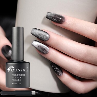 7ml Crystal Cat Eye Gel Nail Polish Magnetic Nail Polish Set Bright Silver UV Gel Polish Shiny Diamond Glitter Gel with Magnet Stick (Black)