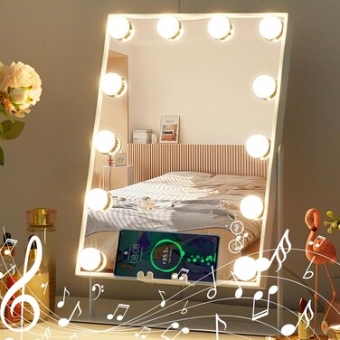 MISAVANITY Vanity Mirror with Lights Speaker and Wireless Charging Hollywood Mirror with Lights 360 Degree Rotation 3 Color Lighting Modes Detachable 10x Magnification Mirror, White
