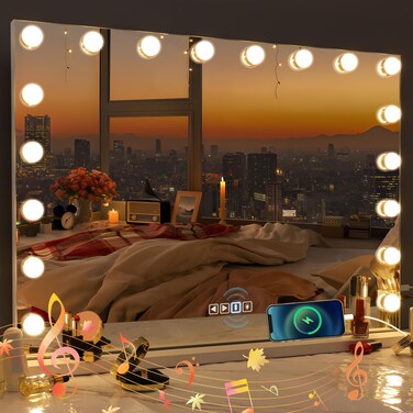 Misavanity Large Vanity Mirror with Lights 31.40&rsquo;&rsquo; x 23.40&rsquo;&rsquo; Tempered Galss Speaker Lighted Hollywood Mirror with 18 LED Dimmable Bulbs 3 Lighting Modes USB Charging Port and 10X Magnification, White