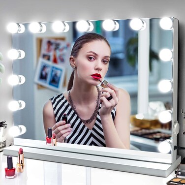 M MIVONDA Vanity Makeup Mirror with Lights: Hollywood Mirror with 15LED Bulbs - Large 23&rdquo;x19&rdquo; Desk Mirror for Wall, Dimmable 3 Lighting Modes, Plug-in and USB Charger Port, White