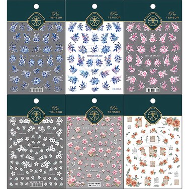 6Pcs Flower Nail Art Stickers Decals 5D Embossed Nail Decals Cute Blue White Pink Flowers Designs Acrylic Engraved Nail Stickers Self-Adhesive Nail Art Supplies for Women Manicure Art Decorations