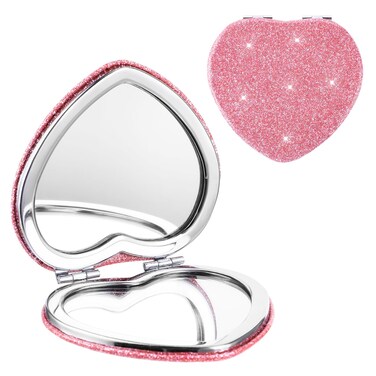 Mabor Heart Shaped Compact Mirror, Pocket Mirror Portable Double Sided 1x/2x Magnifying Purse Mirror for Women Girls Mini Cute Vanity Mirror for Handbag Wallet Home Office(Pink)