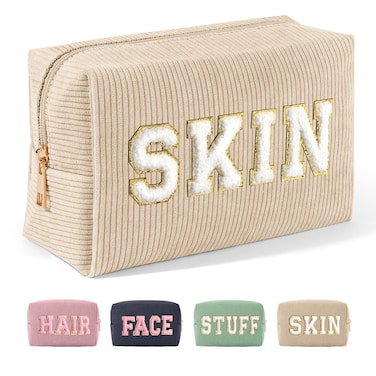MAGEFY Corduroy Makeup Bag Small Makeup Bag for Purse with Compartments Cute Makeup Pouch Cosmetic Bag for Women Friends Preppy Gifts (Beige, SKIN)
