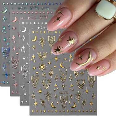 Moon Star Nail Stickers for Nail Art Metallic Sun Totem Nail Decals Holographic Laser Gold Silver Nail Stickers Sun Stars Moon Heart Boho Nail Art Designs Decals for Women Manicure 8 Sheets&hellip;