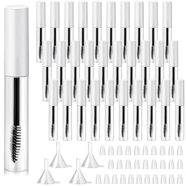 30 Pieces 10 ml Empty Mascara Tubes Eyelash Wand Refillable Clear Bottles Cream Container with 4 Pieces Transparent Funnels Transferring Castor Oil for DIY Cosmetics (Matte White)