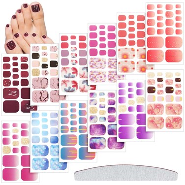 Maitys 264 Pieces 12 Sheets Toe Nail Stickers Self Adhesive Full Nail Wraps Toenail Art Polish Stickers Strips Manicure Accessories Glitter Decals with 1 PC File for Women Girls(Chic Style)