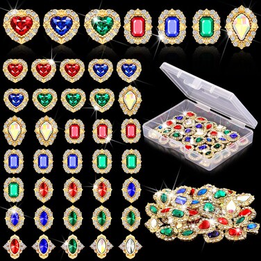 35 Pieces 3D Luxury Nail Art Nail Gems Nail Crystals Gold Nail Diamonds Rhinestones Metal Alloy Glass Rhinestones Nail Charms with Storage Box for Nail Decor DIY Craft Jewelry Making (Classic Style)