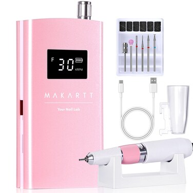 Makartt Electric Nail Drill, 30000RPM Rechargeable E File, Perlarie Pearly Pink Portable Nail Grinder with Drill Bits &amp; Sanding Bands for Manicure Salon Home Use