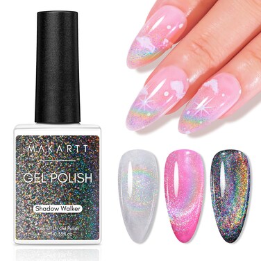 Makartt Rainbow Cat Eye Gel Nail Polish 10ml, Universal 9D Holographic Sparkly Glitter Soak Off UV/LED Manicure with Magnet Stick for Nail Art Designs