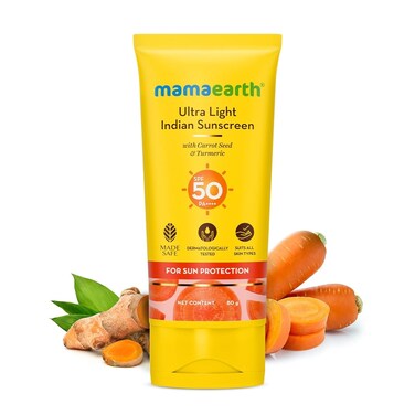 Mamaearth Ultra Light SPF 50 Sunscreen with PA++++   Gives Broad Spectrum Protection   Moisturizes with Turmeric &amp; Carrot Seed   Lightweight &amp; Long Lasting   2.71 Fl Oz/80 ml