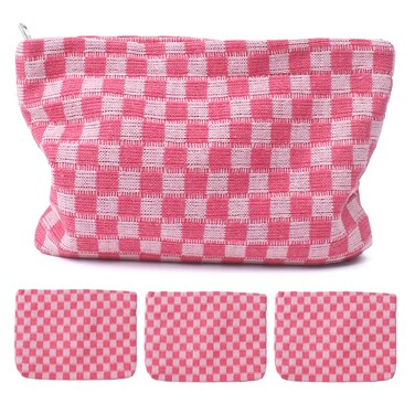 4Pcs Pink Checkered Makeup Bags, Cosmetic Toiletry Large Capacity Organizer Girly Trendy Cute Checker Zipper Pouches Purse For Storage Beauty Brushes Travel Women Aesthetic Accessories Car Essentials