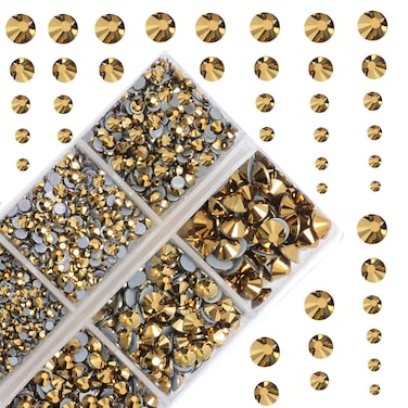 10000Pcs 2-Boxes Mixed Size Hot Fix Round Crystals Gems Glass Stones Hotfix Flat Back Rhinestones with Tweezers and Picking Pencil (Mine Gold)