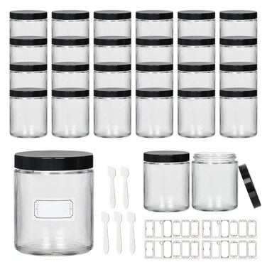 24 Pack 8 oz Glass Jars with lids, Clear Cosmetic Jars with Inner Liners and Black Lids, Lotion Jars, Candle Making Jars for Lotions, Scrubs and Cosmetic, Lables and Spatulas Include