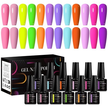 MEET ACROSS Neon Gel Nail Polish Set 12 Pcs Hot Pink Orange Yellow Green Blue Red Purple Fluorescent Spring Summer Nail Polish for Home DIY Manicure Nail Salon