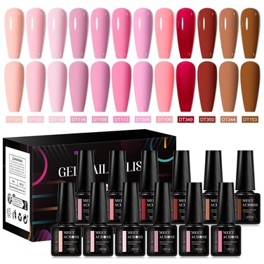MEET ACROSS Pink Gel Nail Polish Set 12 Colors Sweet Lovely Nude Pink Red Brown Colors Gel Polish Soak off UV/LED Cured for Summer Home Salon Spring Nails Art DIY 7ML