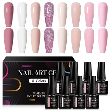 MEET ACROSS Gel Nail Polish Set, 8 Colors Nude Pink Milky White Gel Polish Set Peach Pink Skin Tones Neutral Nail Polish Barely Pink Soak Off LED Starter Kit Popular Nail Art DIY Manicure Gifts