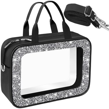 Meetart Clear Makeup Bag.Crushed Diamond Travel Toiletry Bag with Detachable Shoulder Strap.Transparent Cosmetic Bag for Travel, Bathroom Storage.(Black)