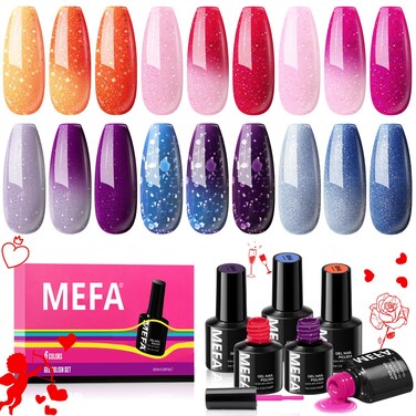MEFA Color Changing Gel Nail Polish Set 6 Colors, Winter Temperature Mood Changed Glitter Blue Pink Purple Red Orange Ombre Soak Off Nail Art Design Kit Manicure Home DIY Gifts for Women Girls