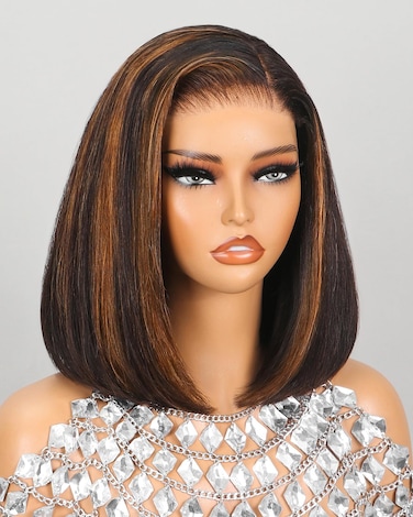 MEGALOOK 6x5 Highlight Bob Wig Human Hair Glueless Wig Pre Cut HD Lace Closure Wig 220% Density Wear and Go Glueless Wig Pre Plucked Ombre Wig Bleached Tiny Knots 12 Inch 1BP30