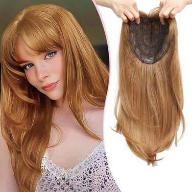 Long Wavy 18inch Strawberry Blonde Hair Topper with Bangs Big Base Cover Thinning Hair Clip in Hair Toppers for Women Fiber Wiglets with Fringe