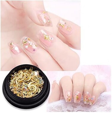 3D Gold Nail Studs Gold Nail Rivets Gems Nails Art Decoration Sparkle Rhinestones Hollow Moon Star Shaped Artificial Pearls Metal Rivets Charms DIY Nail Tips 9 Boxes