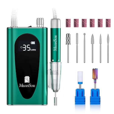 MelodySusie 35000RPM MM400C Nail Drill Professional, Rechargeable Cordless Nail Drill Machine Portable Efile for Acrylic Gel Nails Remove, 8Pcs Nail Drill Bits, Low Noise Low Heat, Sparkle Plus, Green