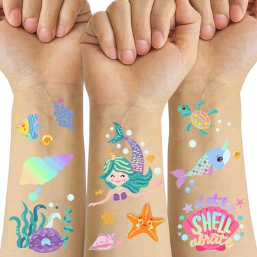 Temporary Tattoos Mermaid for Kids, 80+ Metallic Foil Style Bronzing Fake Tattoos, 4 Sheets Glitter Tattoos, Birthday Party Supplies, Easter Present, Ocean Animal Tattoos Stickers for Boy and Girls