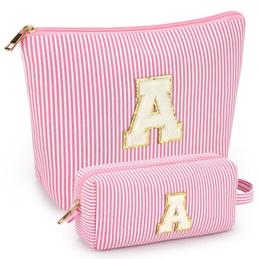 mibasies 2 PCS Initial Makeup Bags for Women: Cosmetic Bag for Travel Toiletry - Birthday Gifts for Girls Sister Wife Friend Daughter - Preppy Teen Girl Gifts Trendy Stuff - Pink A