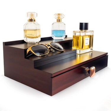 Wooden Cologne Organizer for Men &ndash; 3-Tier Cologne Shelf for Perfume Display with Hidden Compartment, Perfume Tray &amp; Rack for Dresser, Stylish Stand for Bathroom, Great Gift for Men
