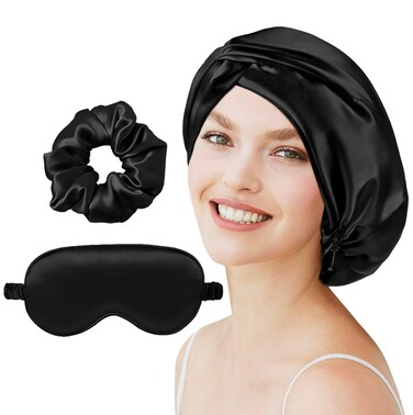 Mulberry Silk Bonnet for Women Sleeping Set 19 Momme Natural Silk Sleep Cap for Hair Care with Eye Mask &amp; Scrunchie Night Cap with Elastic Stay On Head, Black