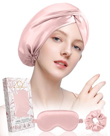 Silk Bonnet for Women - Mulberry Silk Sleep Cap for Hair Care with Eye Mask &amp; Scrunchie 19 Momme Night Cap Sleeping Set with Elastic Stay On Head, Light Pk