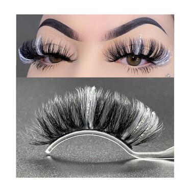 Miss Kiss 1 Pair Lashes with Color White Silver Glitter Manga False Eyelash Dramatic Sparkly Highlight Lash Fluffy Faux Mink Fake Fairy Lashes 18 MM