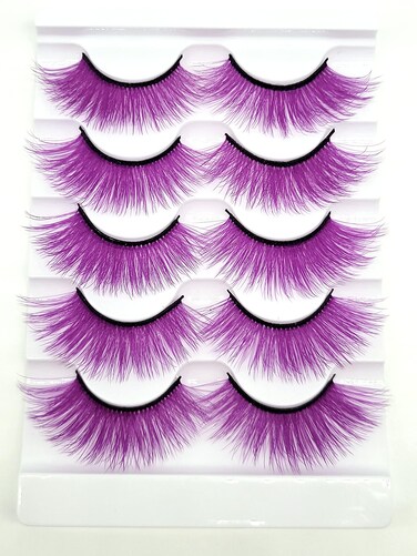 Colored Lashes 3D Faux Mink Purple Eyelashes Strips (FM-307, 14-20mm, 5 Pairs)
