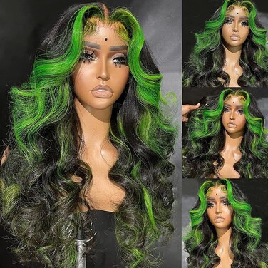 Missyvan Green Lace Front Wigs for Women Body Wave Lace Front Wigs Highlights Black with Green Streak Colorfull Long Wavy Skunk Stripe Glueless Wigs 26Inch Soft Hair Heat Resistant