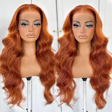 Ginger Orange Lace Front Wig, Synthetic Hair, Long Body Wave, Suitable for Any Face Shape, Scalp-Like Growing, Pre-Cut HD Lace, Glueless Wear, Perfect for Beginners