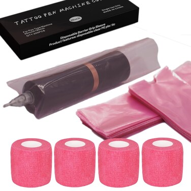 Tattoo Machine Pen Cover Tape Wrap - MIUXIA 200Pcs Large Tattoo Pen Covers Pink and 4Pcs Tattoo Grip Wrap Combination Grip Tattoo Machine Covers Tattoo Tape Wrap Tattoo Supplies