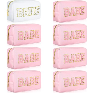 Mixweer 8 Pcs Bridesmaid Cosmetic Bags Bulk Bridesmaid Proposal Gift Embroidered Letter Patch Bride Bachelorette Makeup Bags Travel Pouch Wedding Party Favor for Bridal Shower(White and Pink)