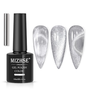 MIZHSE Universal Silver Cat Eye Gel Nail Polish, Magnetic Gel Polish Shiny Glitter Nail Gel with Magnet Stick, 10 ml Galaxy Cateye Nail Polish Soak Off UV/LED Nail Art Salon Manicure DIY at Home